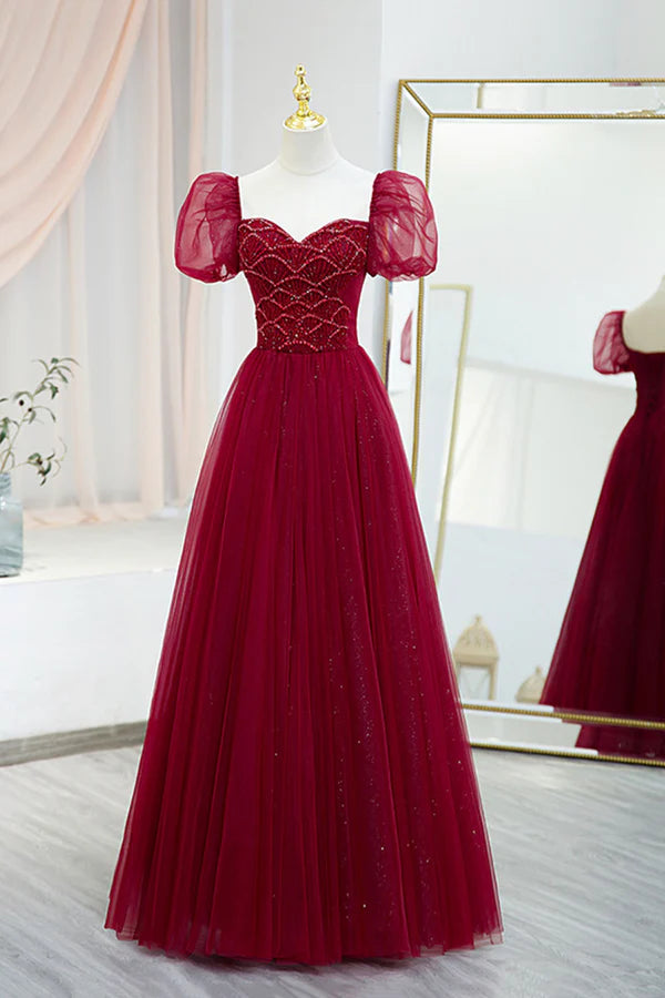 Wholesale Burgundy Tulle Beaded Long Prom Dress A-Line Short Sleeve Evening Dress