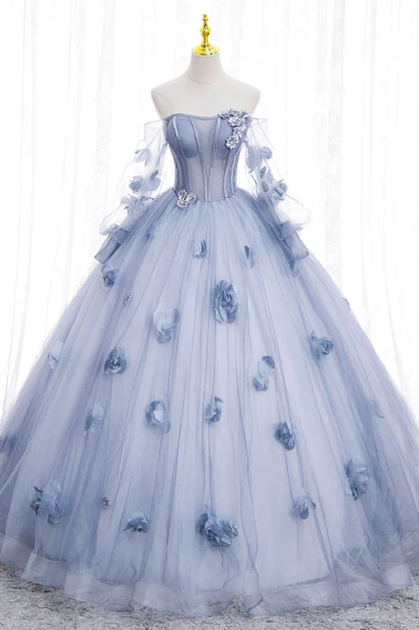 Wholesale Blue Tulle Long Sleeves Formal Dress with Flowers Blue A-Line Prom Dress