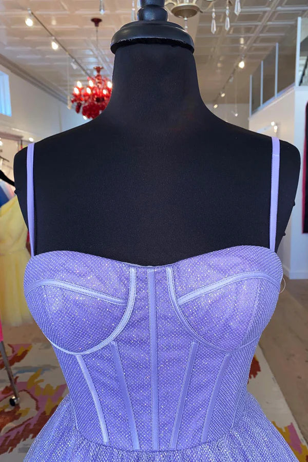 Wholesale A-Line Lavender Shiny Tulle Prom Dress Long Spaghetti Strap Evening Dress