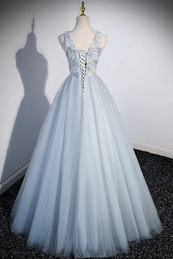 Wholesale Cute V-Neck Tulle Long Prom Dress Gray Evening Dress Party Dress