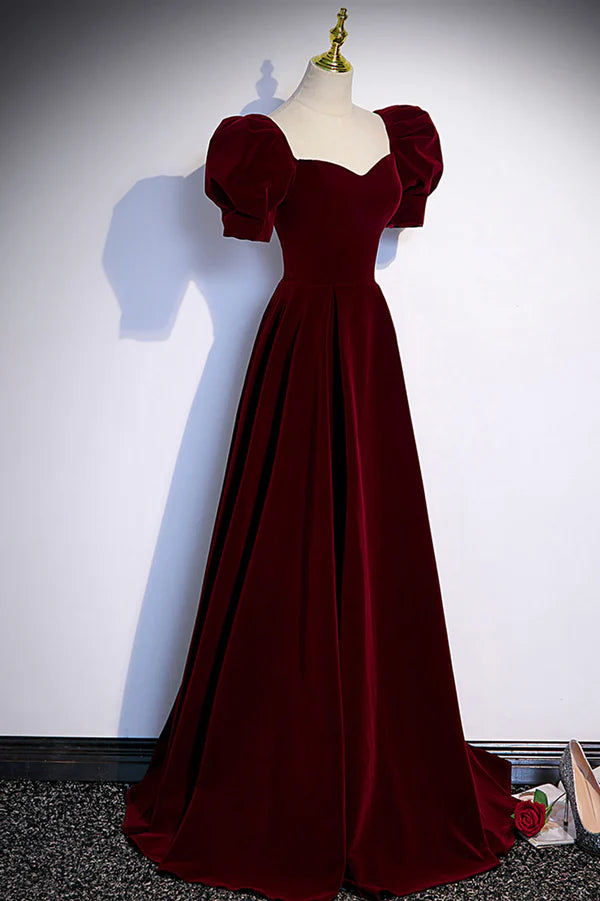Wholesale Burgundy Velvet Long A-Line Prom Dress Simple Short Sleeve Party Dress