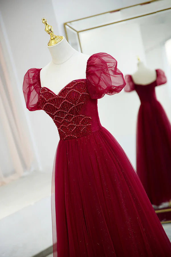 Wholesale Burgundy Tulle Beaded Long Prom Dress A-Line Short Sleeve Evening Dress