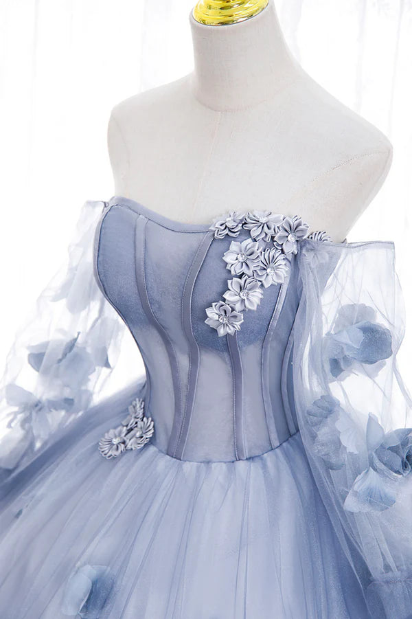 Wholesale Blue Tulle Long Sleeves Formal Dress with Flowers Blue A-Line Prom Dress