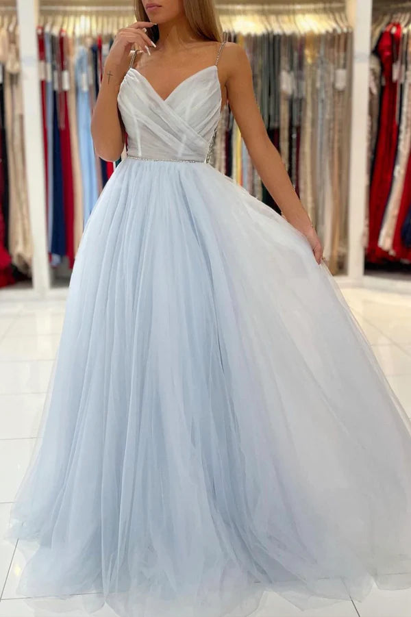 Wholesale Blue V-Neck Tulle Long Prom Dress A-Line Spaghetti Straps Evening Party Dress