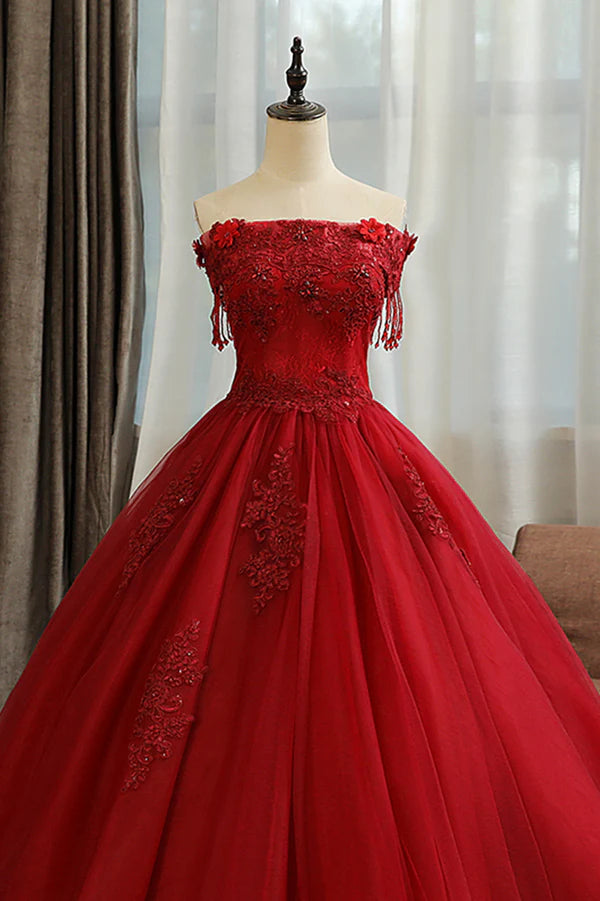 Wholesale Burgundy Tulle Lace Long Prom Dress Burgundy A-Line Evening Gown