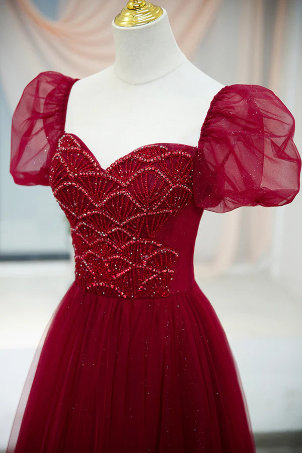 Wholesale Burgundy Tulle Beaded Long Prom Dress A-Line Short Sleeve Evening Dress