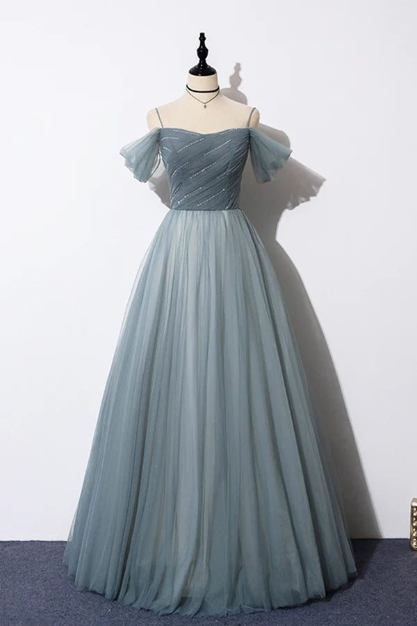 Wholesale Gray Blue Spaghetti Strap Tulle Floor Length Prom Dress Off Shoulder Evening Party Dress