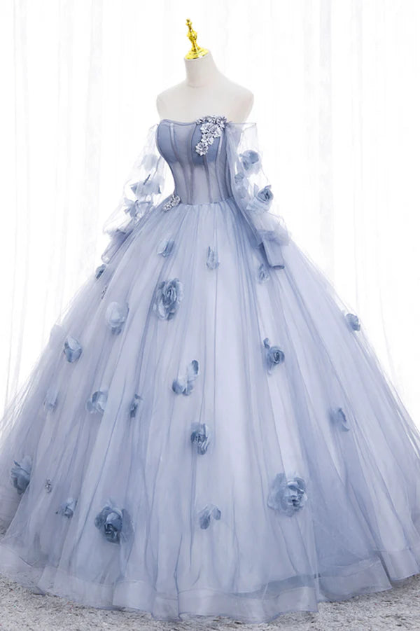 Wholesale Blue Tulle Long Sleeves Formal Dress with Flowers Blue A-Line Prom Dress