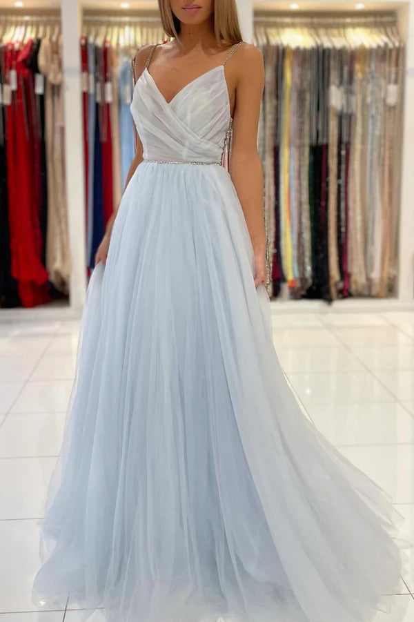 Wholesale Blue V-Neck Tulle Long Prom Dress A-Line Spaghetti Straps Evening Party Dress