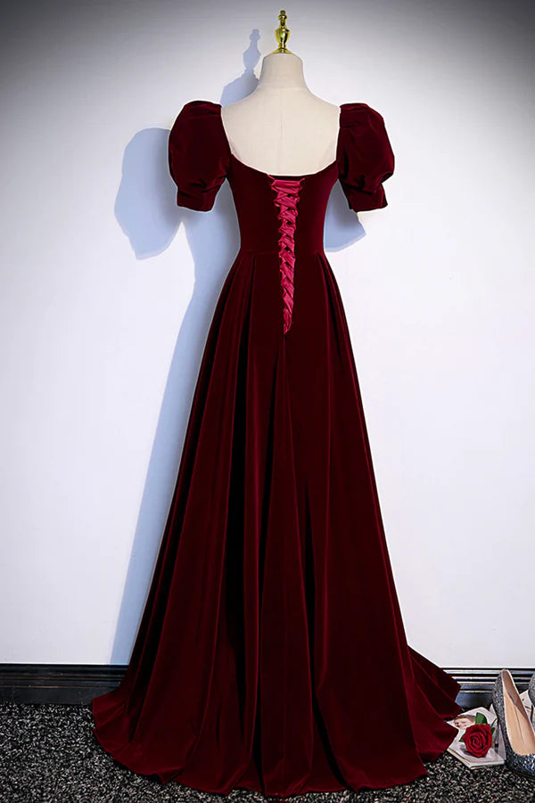 Wholesale Burgundy Velvet Long A-Line Prom Dress Simple Short Sleeve Party Dress