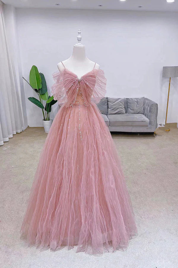 Wholesale Pink Tulle Long A-Line Prom Dress with Bow Pink Evening Graduation Dress