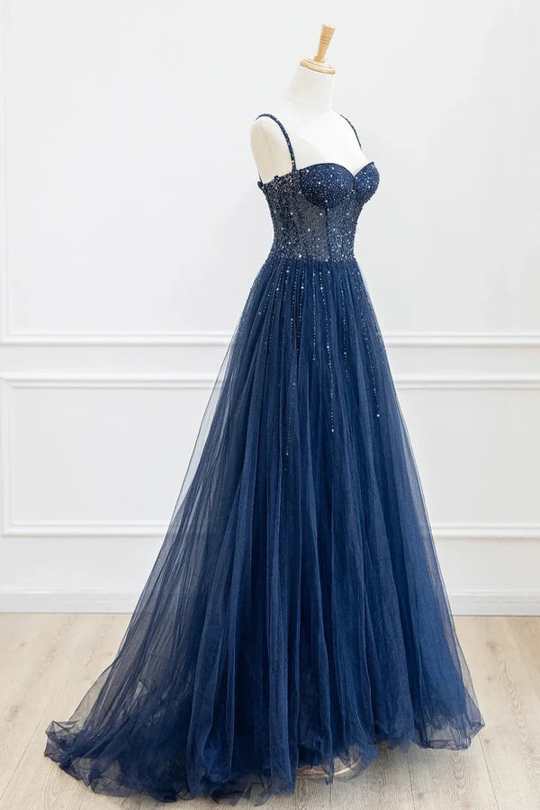 Wholesale Blue Tulle Beaded Long Prom Dress Formal Dress Blue Evening Dress