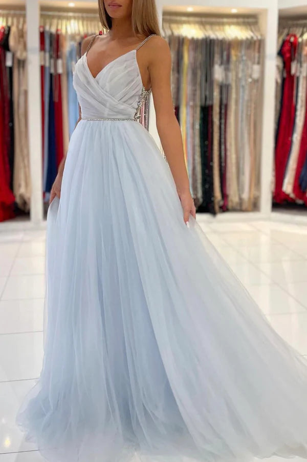 Wholesale Blue V-Neck Tulle Long Prom Dress A-Line Spaghetti Straps Evening Party Dress