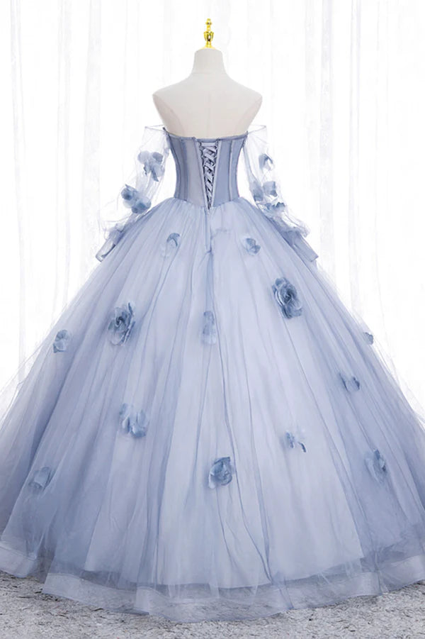 Wholesale Blue Tulle Long Sleeves Formal Dress with Flowers Blue A-Line Prom Dress