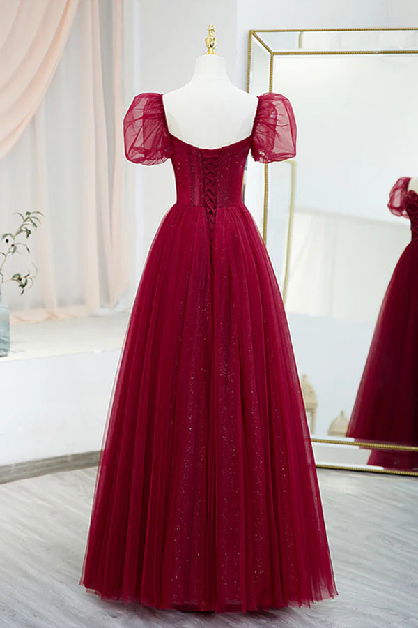 Wholesale Burgundy Tulle Beaded Long Prom Dress A-Line Short Sleeve Evening Dress