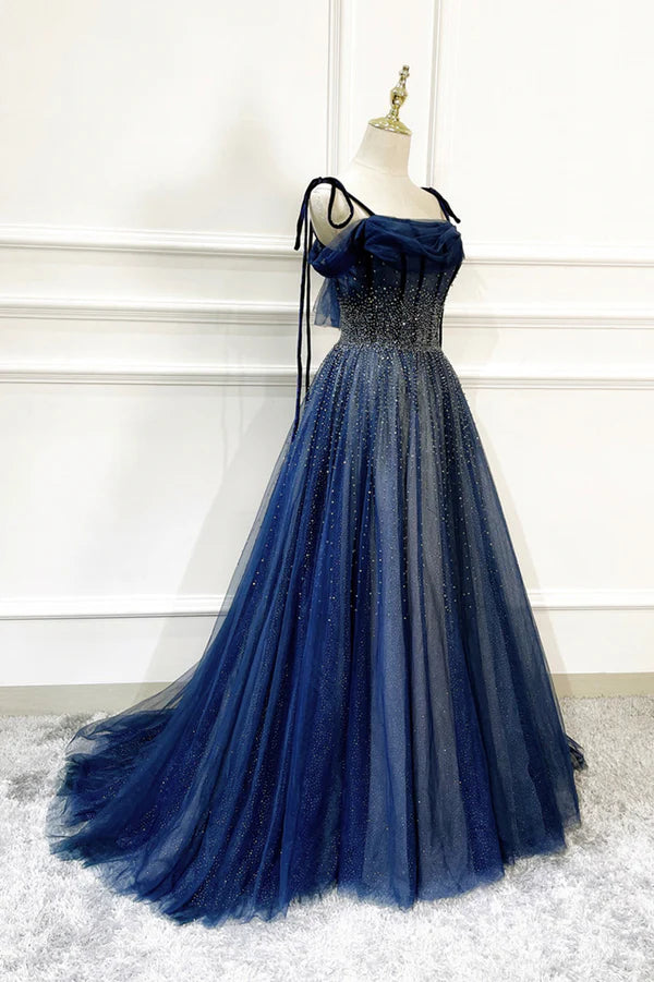 Wholesale Blue Tulle Beaded Long A-Line Prom Dress Blue Spaghetti Straps Evening Dress