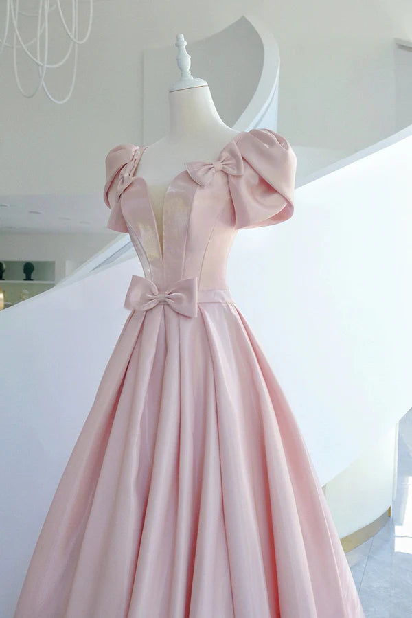 Wholesale Pink Satin Long Prom Dress Beautiful A-Line Evening Dress with Bow
