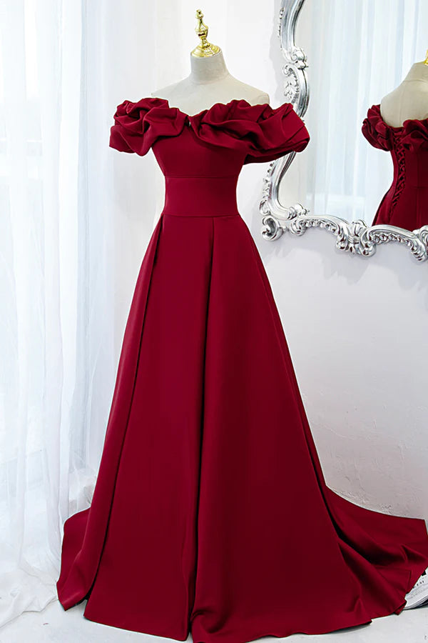 Wholesale Burgundy Satin Long Prom Dress A-Line Off Shoulder Evening Party Dress
