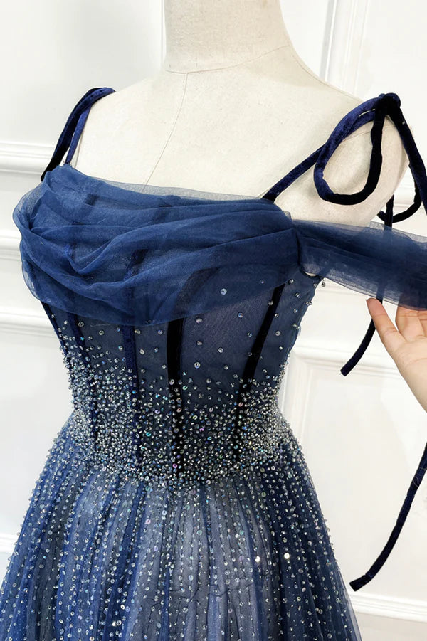 Wholesale Blue Tulle Beaded Long A-Line Prom Dress Blue Spaghetti Straps Evening Dress