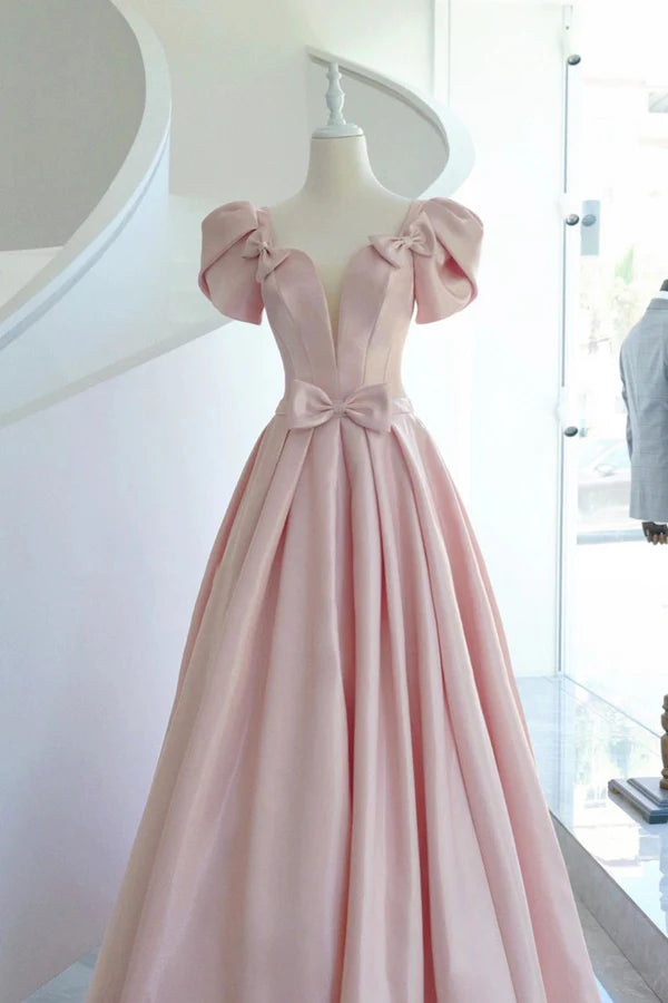 Wholesale Pink Satin Long Prom Dress Beautiful A-Line Evening Dress with Bow