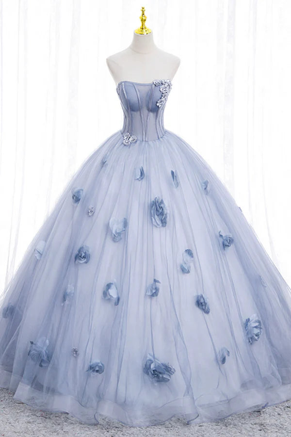 Wholesale Blue Tulle Long Sleeves Formal Dress with Flowers Blue A-Line Prom Dress