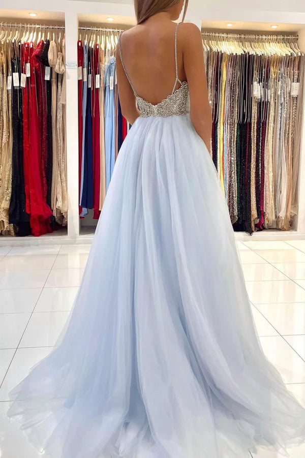 Wholesale Blue V-Neck Tulle Long Prom Dress A-Line Spaghetti Straps Evening Party Dress