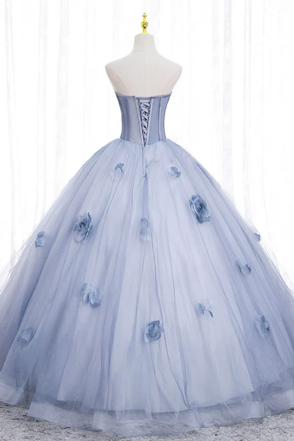 Wholesale Blue Tulle Long Sleeves Formal Dress with Flowers Blue A-Line Prom Dress