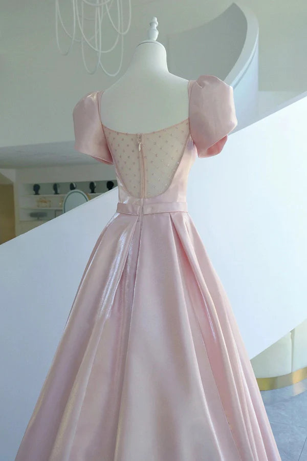 Wholesale Pink Satin Long Prom Dress Beautiful A-Line Evening Dress with Bow