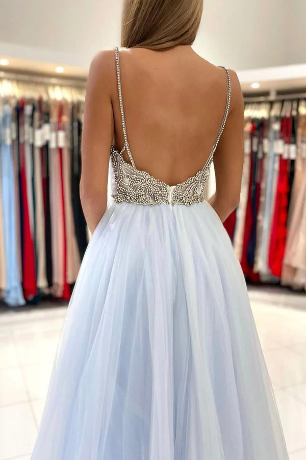 Wholesale Blue V-Neck Tulle Long Prom Dress A-Line Spaghetti Straps Evening Party Dress