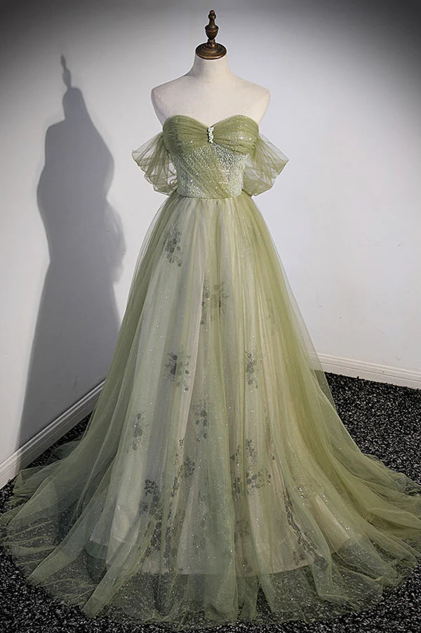 Wholesale Green Tulle Sweetheart Neckline Long Prom Dress Green Strapless Evening Dress