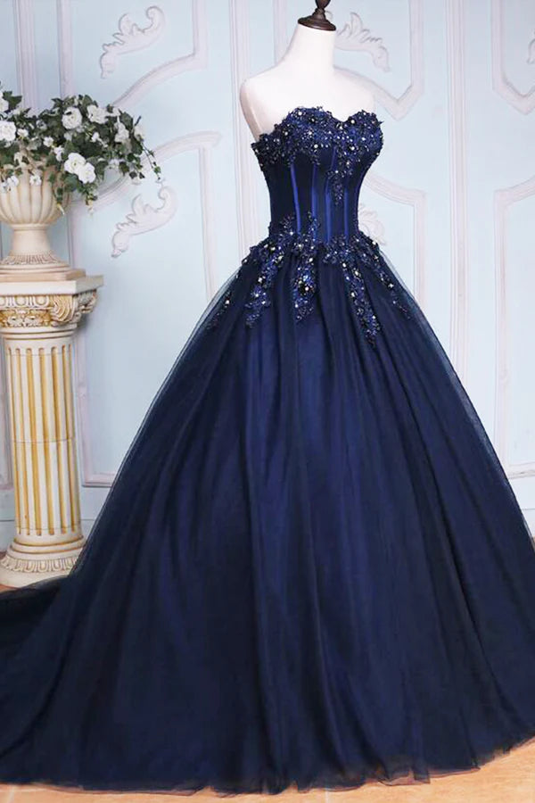 Wholesale Dark Blue Tulle Lace Princess Dress Beautiful A-Line Strapless Long Prom Dress