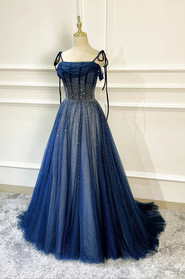 Wholesale Blue Tulle Beaded Long A-Line Prom Dress Blue Spaghetti Straps Evening Dress
