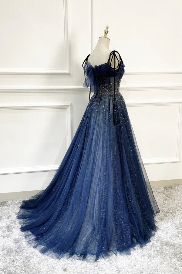 Wholesale Blue Tulle Beaded Long A-Line Prom Dress Blue Spaghetti Straps Evening Dress