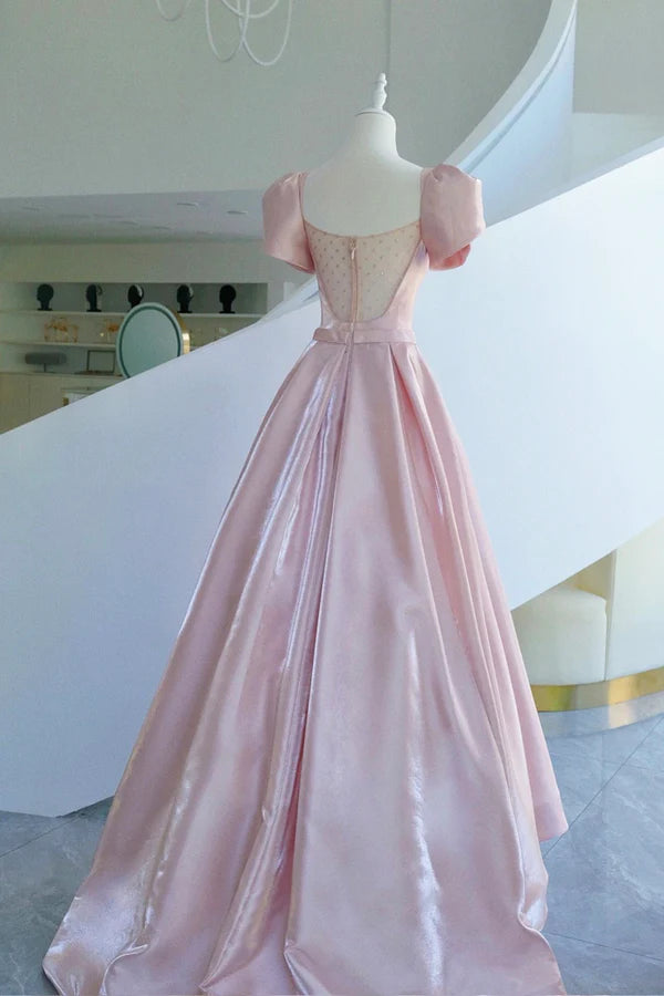 Wholesale Pink Satin Long Prom Dress Beautiful A-Line Evening Dress with Bow