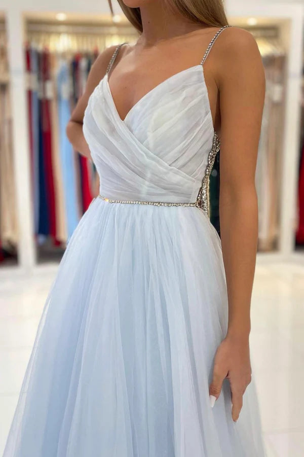 Wholesale Blue V-Neck Tulle Long Prom Dress A-Line Spaghetti Straps Evening Party Dress