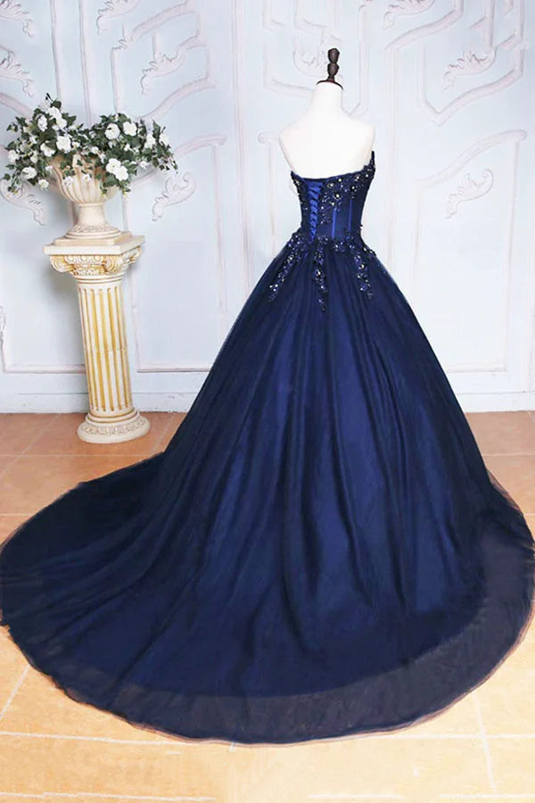 Wholesale Dark Blue Tulle Lace Princess Dress Beautiful A-Line Strapless Long Prom Dress