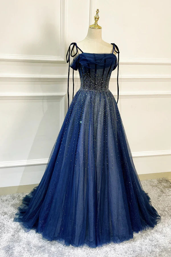 Wholesale Blue Tulle Beaded Long A-Line Prom Dress Blue Spaghetti Straps Evening Dress