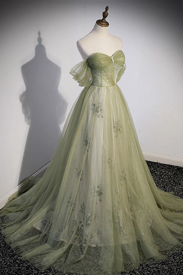 Wholesale Green Tulle Sweetheart Neckline Long Prom Dress Green Strapless Evening Dress