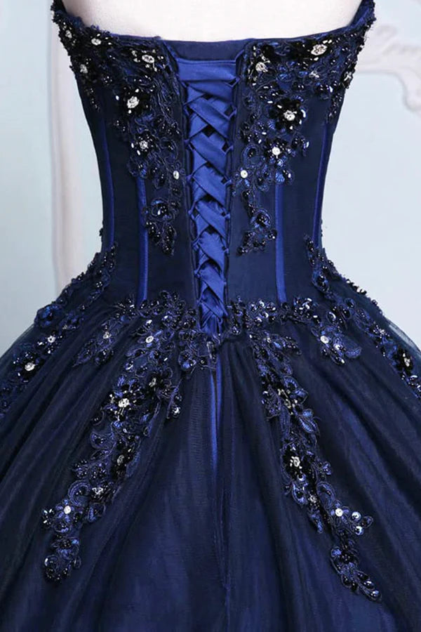 Wholesale Dark Blue Tulle Lace Princess Dress Beautiful A-Line Strapless Long Prom Dress