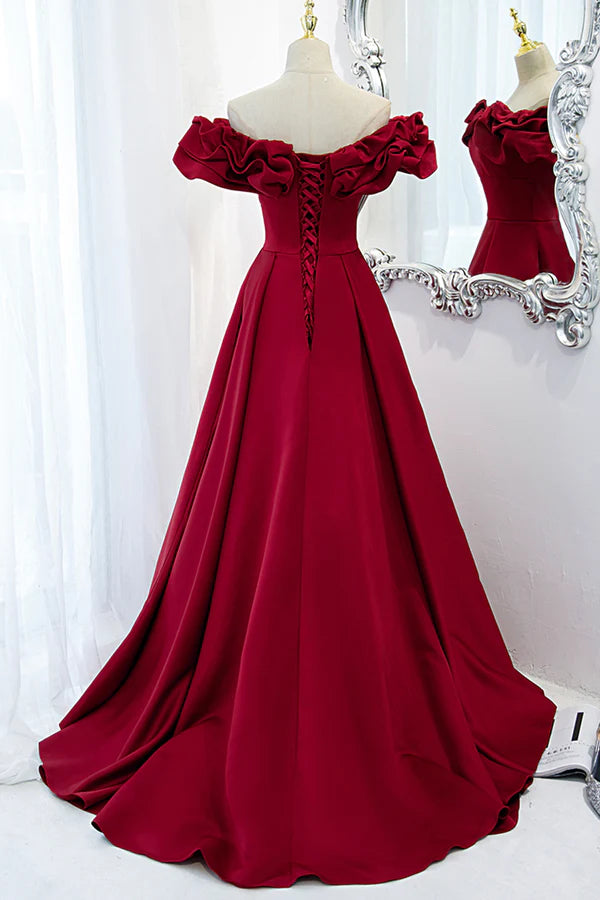 Wholesale Burgundy Satin Long Prom Dress A-Line Off Shoulder Evening Party Dress