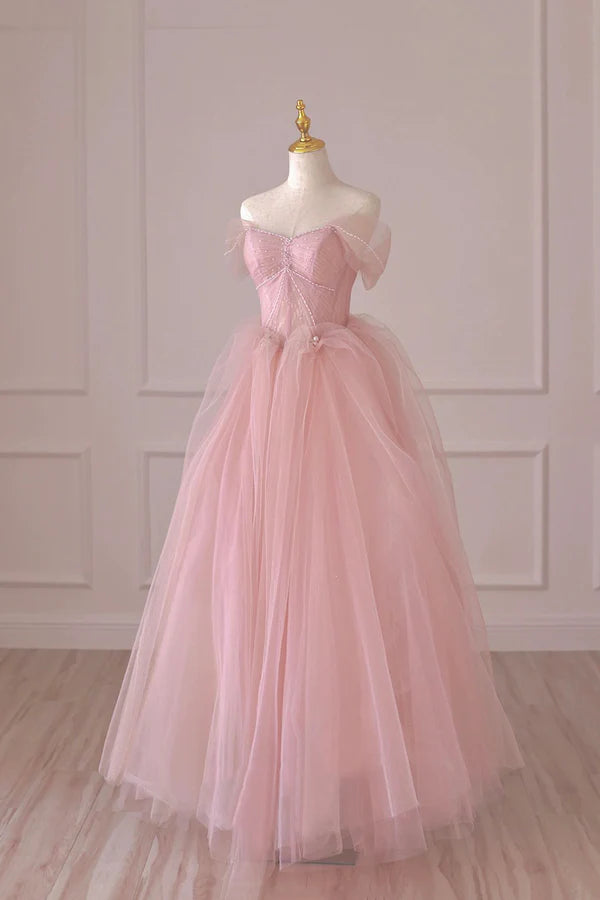 Wholesale Pink Tulle Lace Long Formal Dress A-Line Off Shoulder Pink Prom Dress