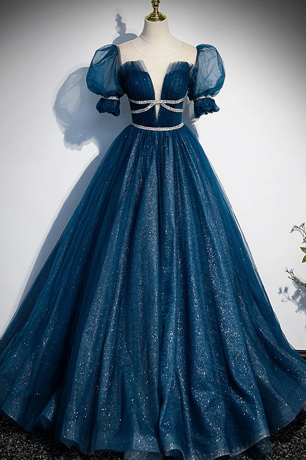 Wholesale Blue Tulle Long A-Line Prom Dress A-Line Short Sleeve Evening Dress