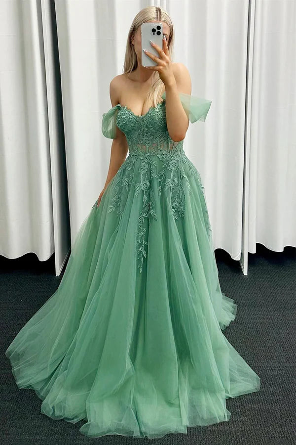 Wholesale A-Line Tulle Lace Long Prom Dress Green Off the Shoulder Evening Party Dress
