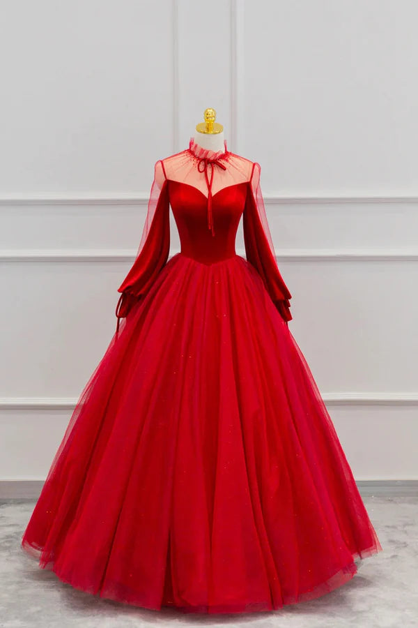 Wholesale Red Velvet and Tulle Floor Length Prom Dress Long Sleeve Beautiful A-Line Party Dress