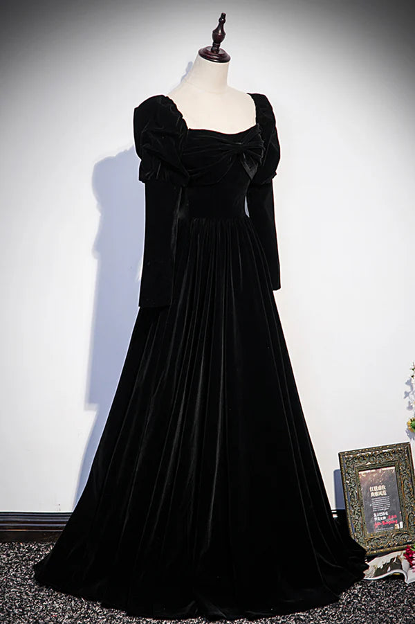 Wholesale Black Velvet Long Sleeve Prom Dress A-Line Evening Party Dress