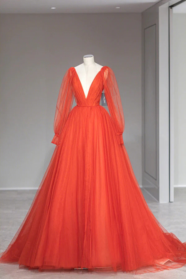 Wholesale Plunging V-Neck Tulle Floor Length Formal Dress Orange Long Sleeve Prom Dress