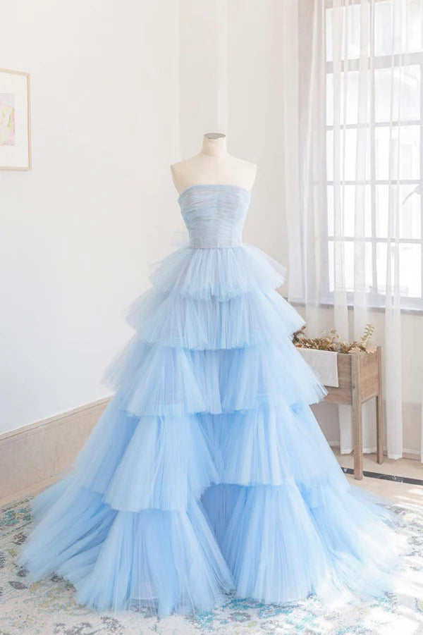 Wholesale Blue Strapless Tulle Layers Long Prom Dress Beautiful A-Line Evening Dress