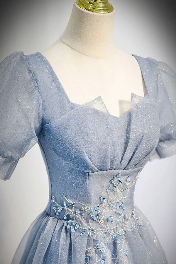 Wholesale Cute Shiny Tulle Long Prom Dress A-Line Short Sleeve Evening Party Dress