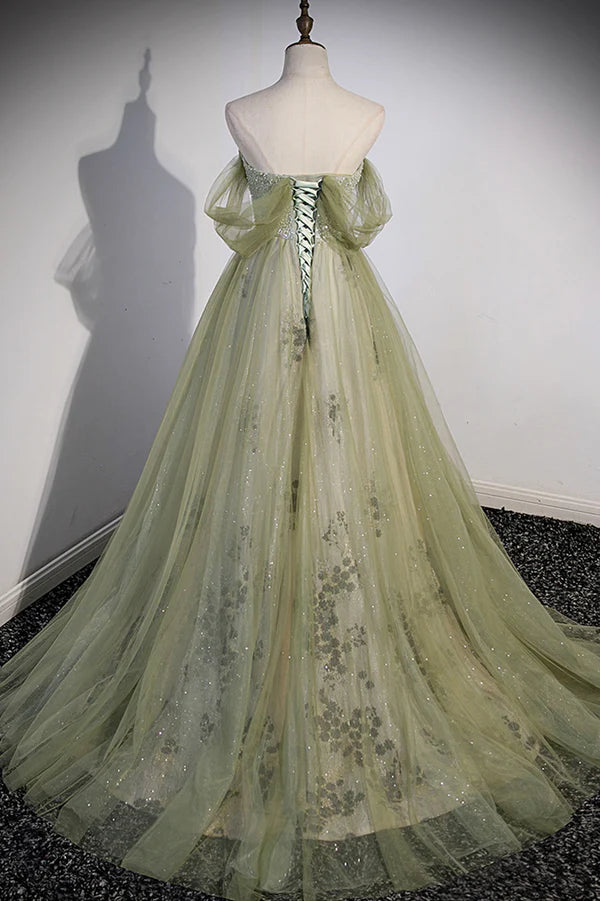 Wholesale Green Tulle Sweetheart Neckline Long Prom Dress Green Strapless Evening Dress