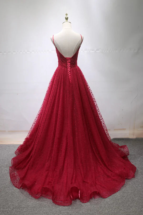 Wholesale Burgundy V-Neck Tulle Long Prom Dress A-Line Backless Evening Party Dress